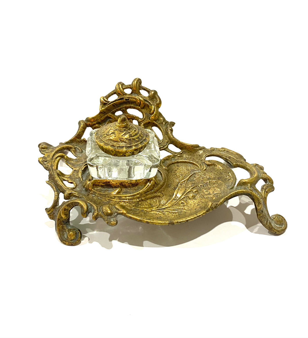 Art Nouveau Brass and Cut Crystal Inkwell
