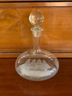 GP1333 Hand Blown Glass Decanter w/ Etched Ship and Round Stopper