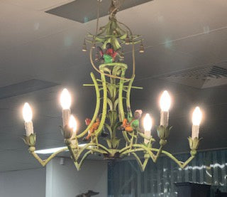 LT0044 Mid Century Green Metal Chandelier (Colorful Clad Monkeys on Bamboo Branches)