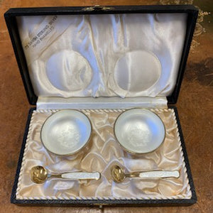 SF1277  Pair of Sterling Vermeil & White Hand Enamelled Salt Cellars & Spoons - Antiques and Possibilities