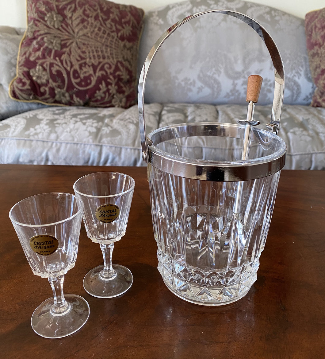 JP0005 Vintage 'Cristal de Arques' French Lead Crystal Ice Bucket with 6 Liquor Glasses
