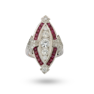 18kt White Gold, Ruby, and Diamond Art Deco Style Ring