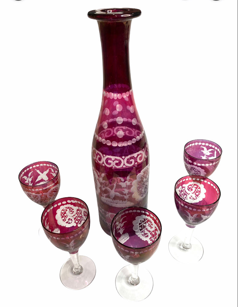 Bohemian Ruby Red Cased Glass Decanter & Five Glasses