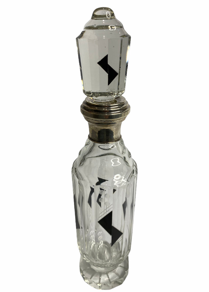 Art Deco Clear Glass and Black Enamel Decanter with Silver Collar and Stopper