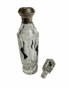 Art Deco Clear Glass and Black Enamel Decanter with Silver Collar and Stopper