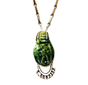 Taxco Silver Necklace with  Mayan Head Carved in Jade