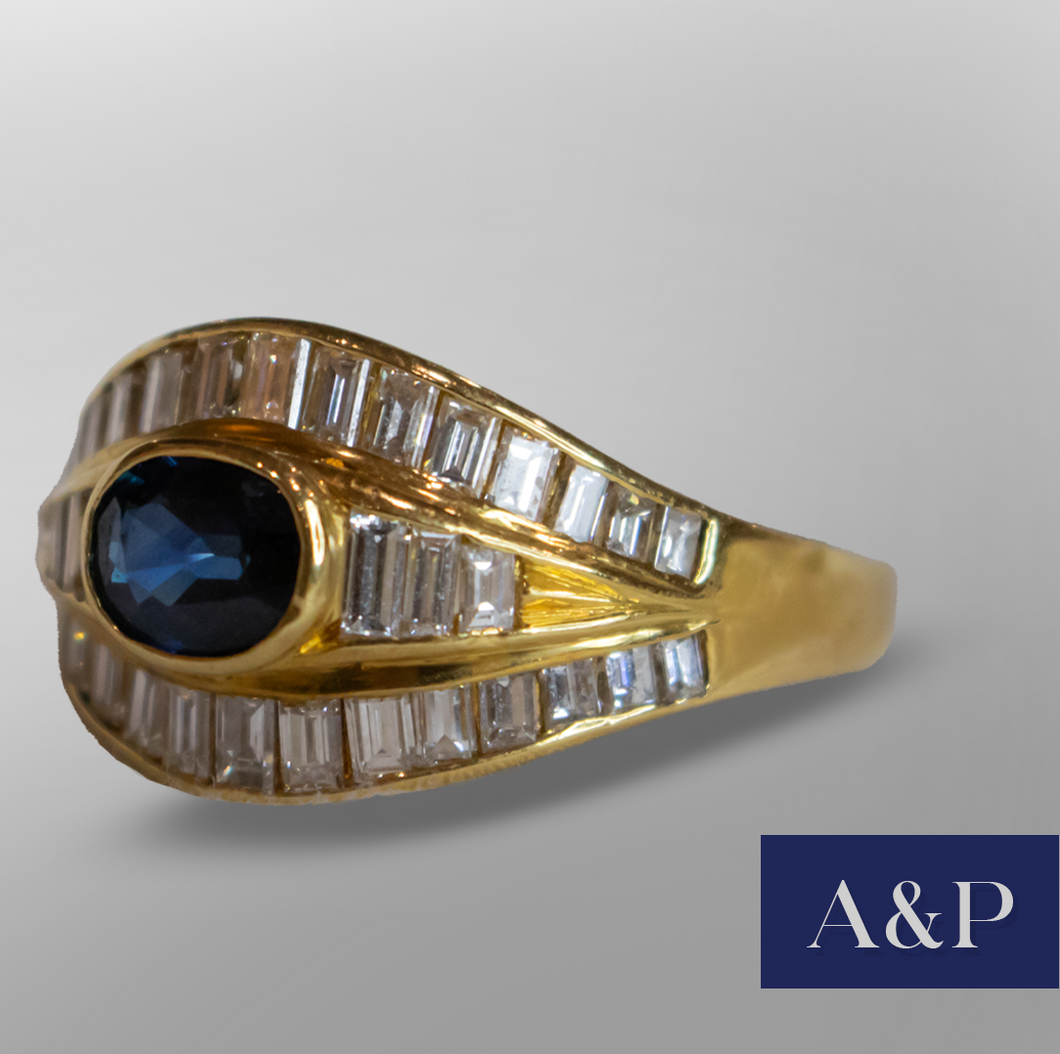 18kt Yellow Gold, Sapphire and Diamond Ring in Art Deco Style