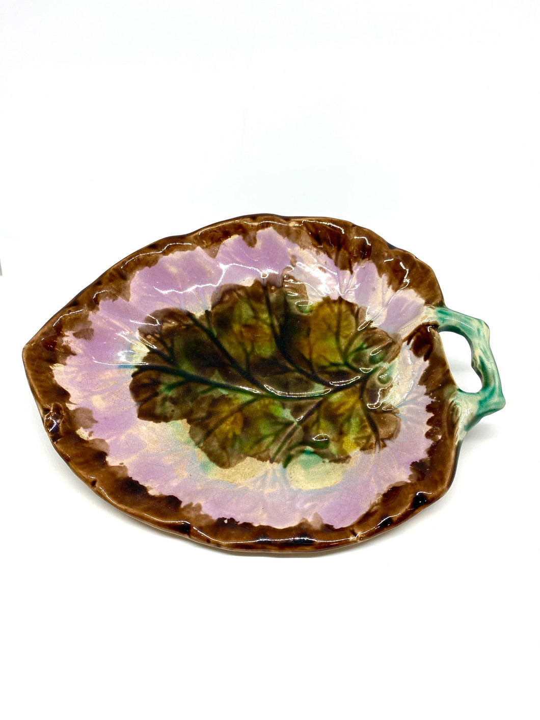 Pink and Brown Majolica Dish with Green Stem