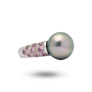 18kt White Gold Tahitian Pearl and Pink Sapphire Ring