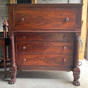 FC0072 Victorian Flame Mahogany Secretaire / Chest of Drawers on Lion Claw Feet