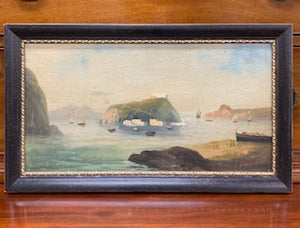 PM0431 Oil Painting of the Sea, Island and Boats - Antiques and Possibilities
