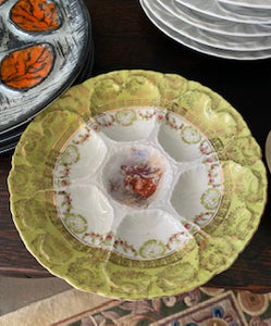 GP0032 Late 19th Century Oyster Plate  with Green Border and a Hand Painted Period Scene